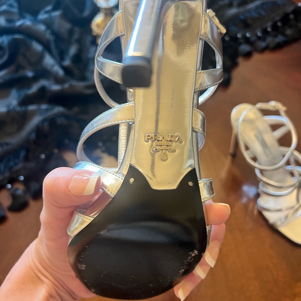 Gently used Prada silver sandal heels. Size 9. - Picture 9 of 9